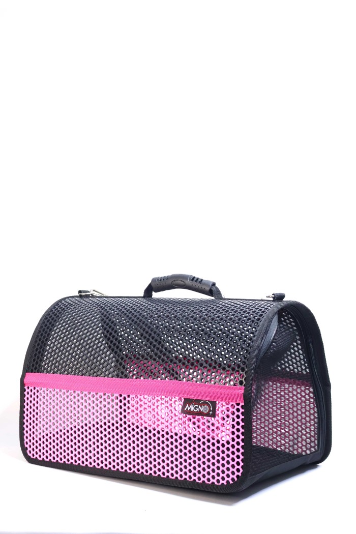 Migno Pet - 0542 220 38 06 | MİGNO FLYBAG Voyager Fileli Model Kedi Köpek Taşıma Çantaları - Pembe-Siyah