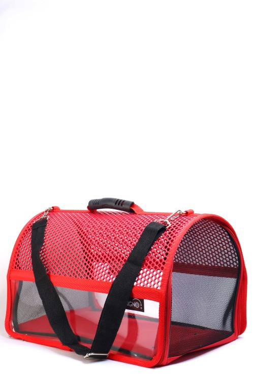 Migno Pet - 0542 220 38 06 | MİGNO FLYBAG Voyager Fileli-Şeffaf Model Kedi Köpek Taşıma Çantaları - Kırmızı